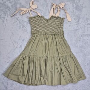 In The Beginning Olive Green Smocked Tiered Cotton Mini Dress Tie Bow Strap M